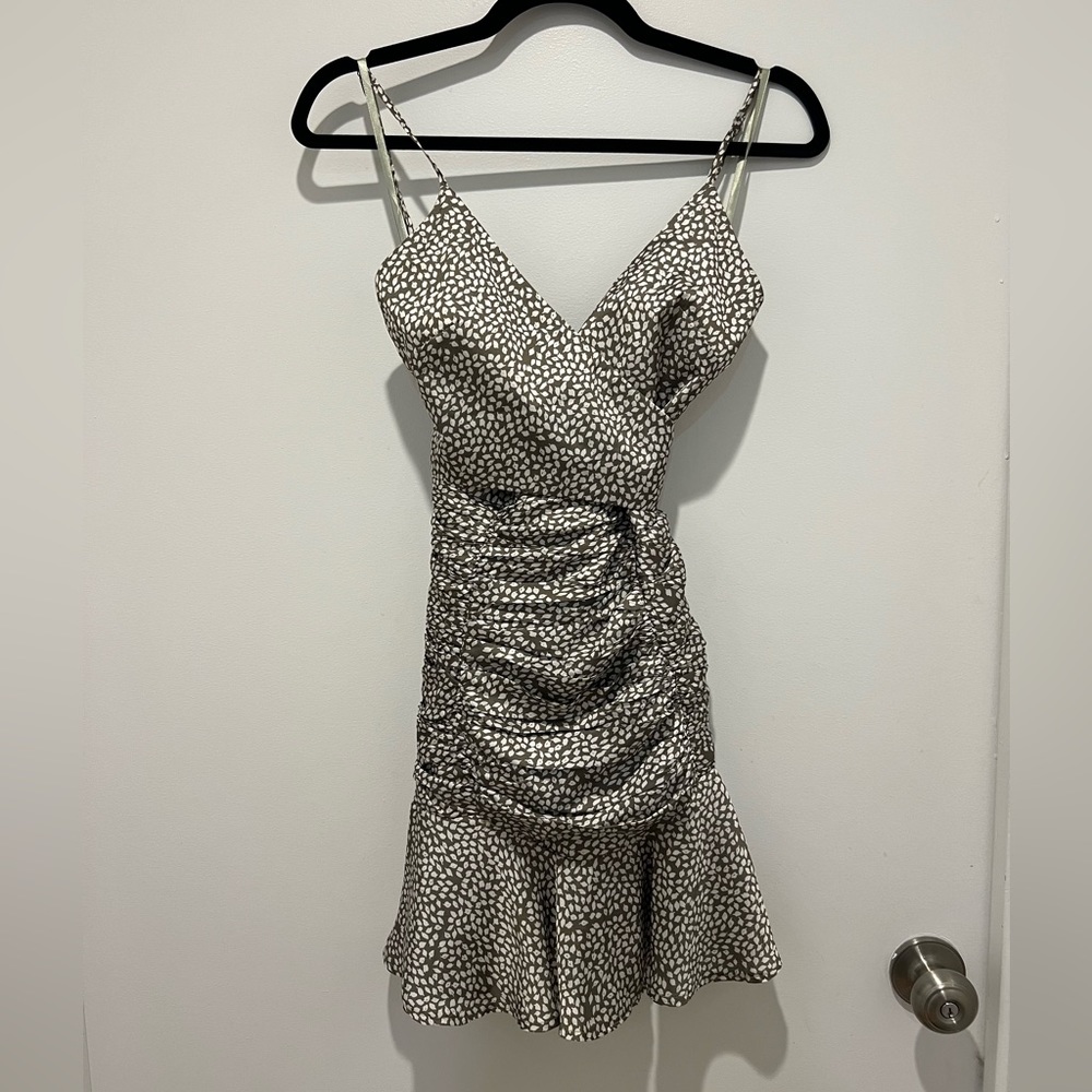 Sage green  and white printed satin wrap dress